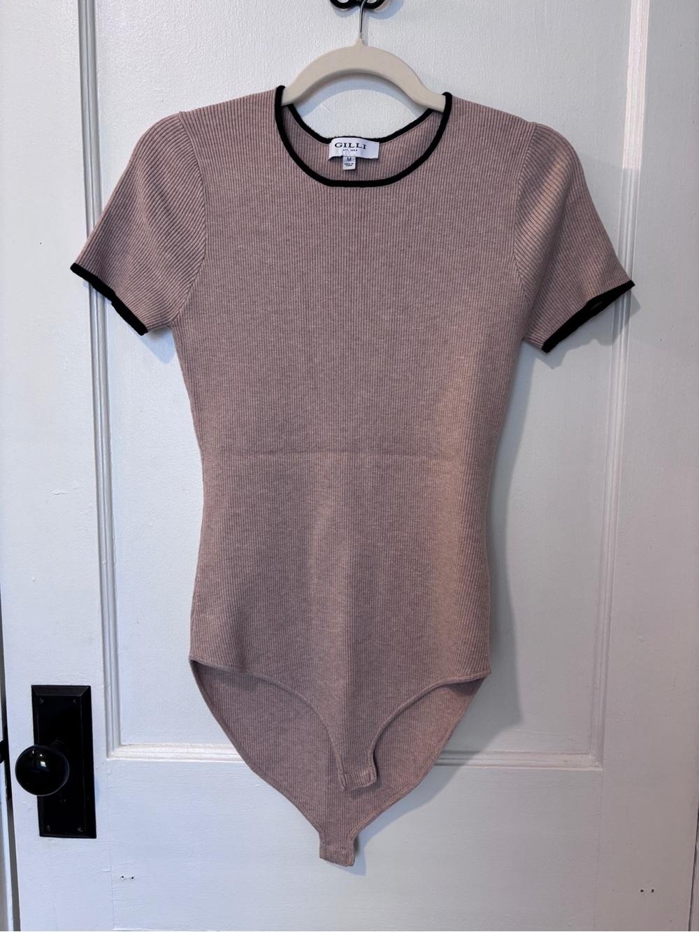 Gilli Tan Ribbed Short Sleeve Bodysuit with Black Trim